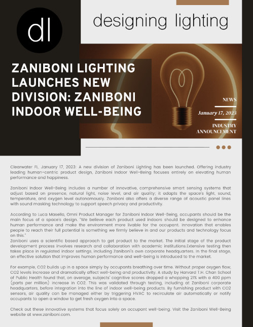 Zaniboni Lighting Launches New Divison: Zaniboni Indoor Well-Being